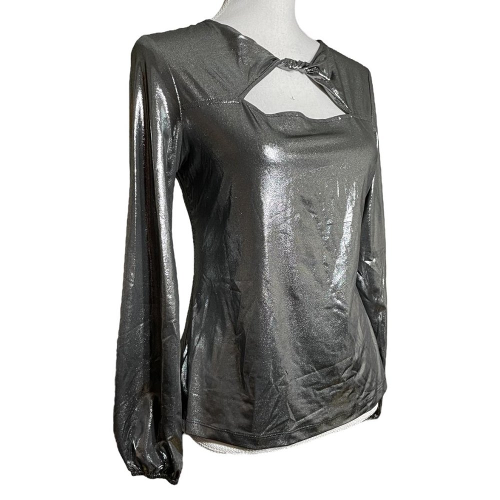 Liquid Silver Top NEW S Cutout Metallic Shiny Twist Balloon Sleeve Gray Pewter